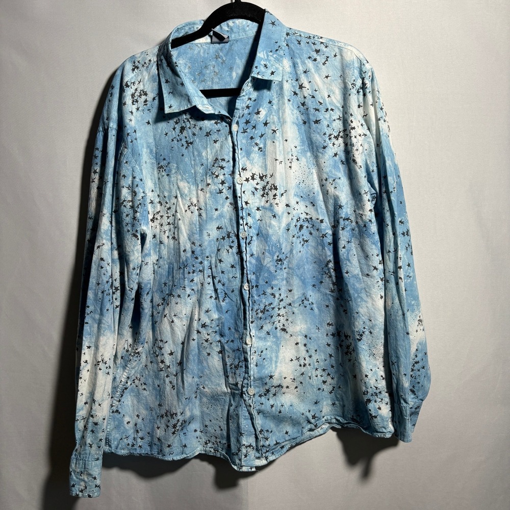 VERDO Mens XL Blue Tie Dye Star Print‎ Linen Cotton Button Up Top Long Sleeve